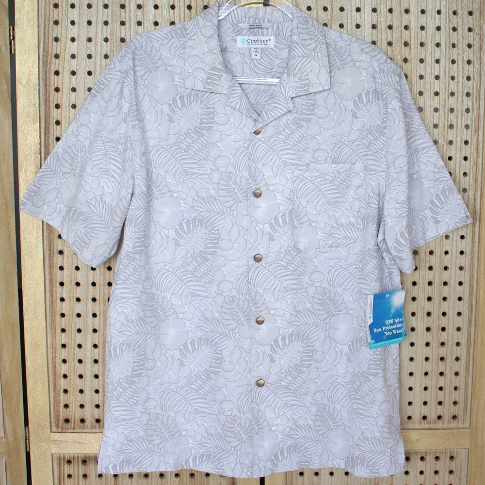 Coolibar Mens SIZE M Beige Tropical Print Button Shirt UPF 50+ Sun Protection